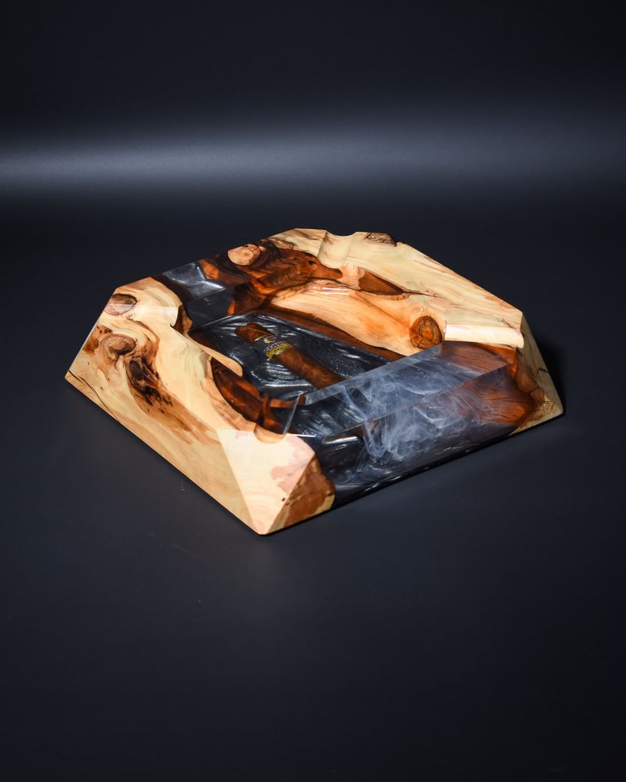 Smoke Grey faceted cigar ashtray in light wood with swirling grey resin