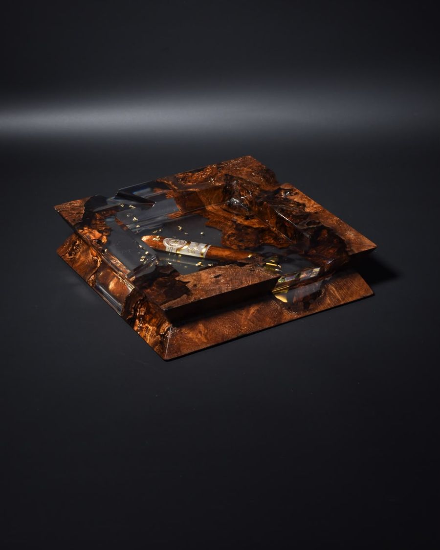 Burl and Gold Leaf ashtray in dark burl with clear resin