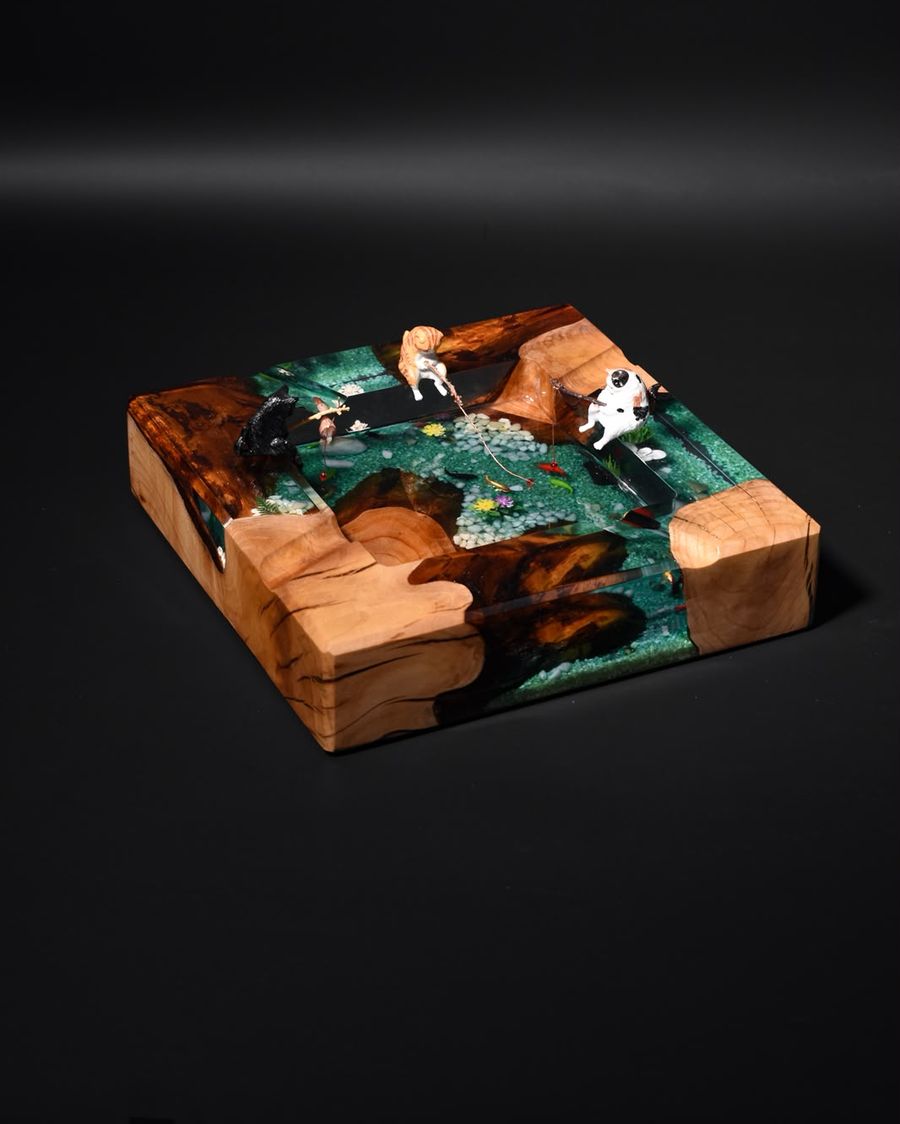 The Fishing Pond ashtray with miniature cats fishing at a teal resin pond