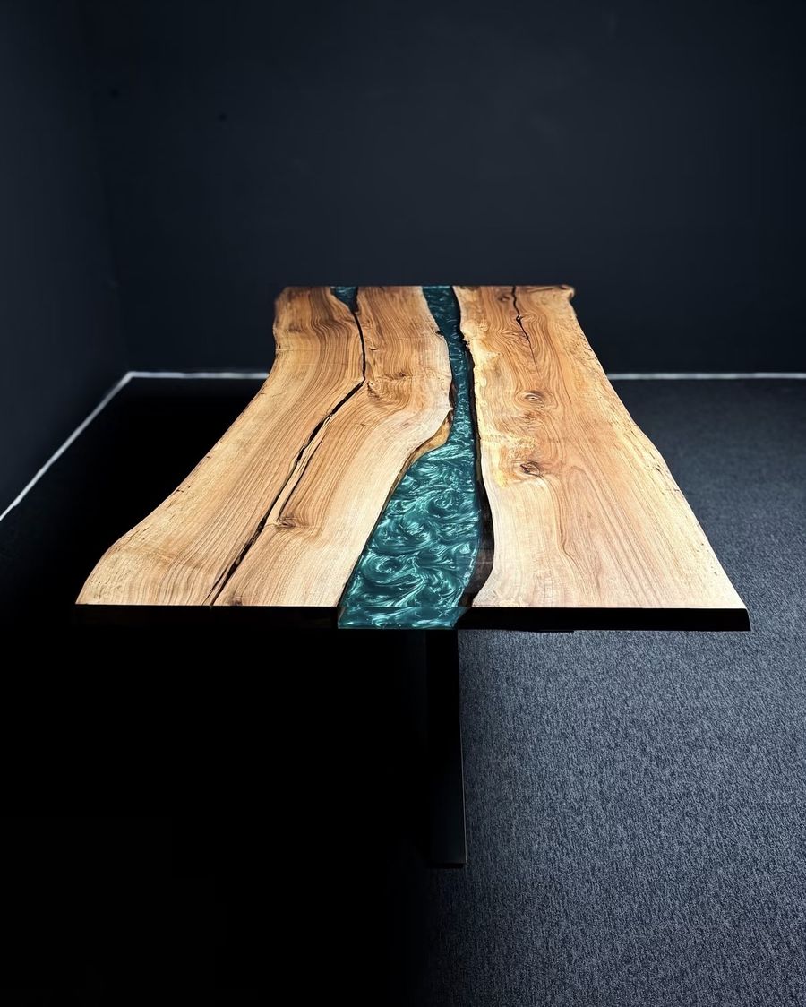 Teal River dining table in live-edge wood with a teal resin river